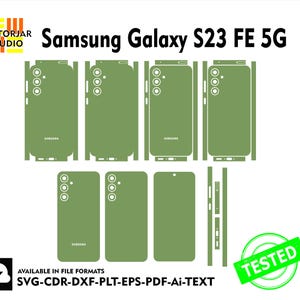 May include: A green phone skin template for the Samsung Galaxy S23 FE 5G. The template includes all the necessary cutouts for the phone's camera, buttons, and ports. The template is available in a variety of file formats, including SVG, CDR, DXF, PLT, EPS, PDF, and Ai.