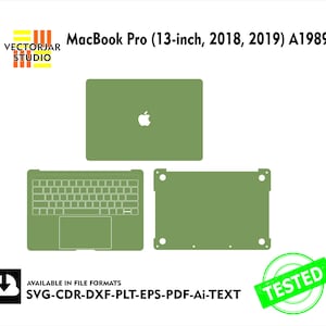 Puede incluir: Un contorno verde de un portátil MacBook Pro de 13 pulgadas, con el texto "MacBook Pro (13 pulgadas, 2018, 2019) A1989" encima. El portátil está dividido en tres secciones: la sección superior es la pantalla, la sección del medio es el teclado y la sección inferior es la parte inferior del portátil. El portátil está contorneado en verde y tiene un logotipo de Apple verde en la pantalla.