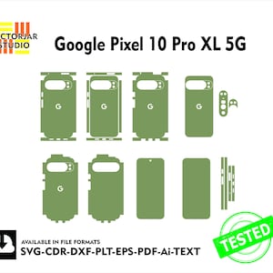 Könnte beinhalten: Grüne Ausschnittvorlagen für ein Google Pixel 10 Pro XL 5G-Telefon. Das Bild enthält verschiedene Vorlagen für Gehäuse, Kamera und Tasten des Telefons. Der Text "Google Pixel 10 Pro XL 5G" wird oben angezeigt. Der Text "TESTED" ist ebenfalls enthalten.