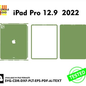 Può includere: Un modello di skin verde per iPad Pro 12.9 2022. Il modello include una vista frontale, posteriore e laterale dell'iPad. Il modello è disponibile nei formati SVG, CDR, DXF, PLT, EPS, PDF e AI.