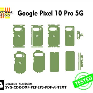 Peut inclure: Découpes vertes pour un téléphone Google Pixel 10 Pro 5G, comprenant des pièces avant, arrière et latérales. L'image comprend le texte "Google Pixel 10 Pro 5G" et "TESTED". Le logo Vectorjar Studio est en haut à gauche.