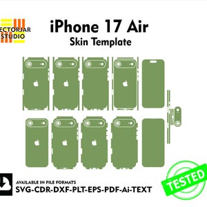 May include: An olive green iPhone 17 Air skin template with various cutouts for the phone's components. The Apple logo is visible on the phone's back. The image includes the text "iPhone 17 Air Skin Template" and "TESTED".