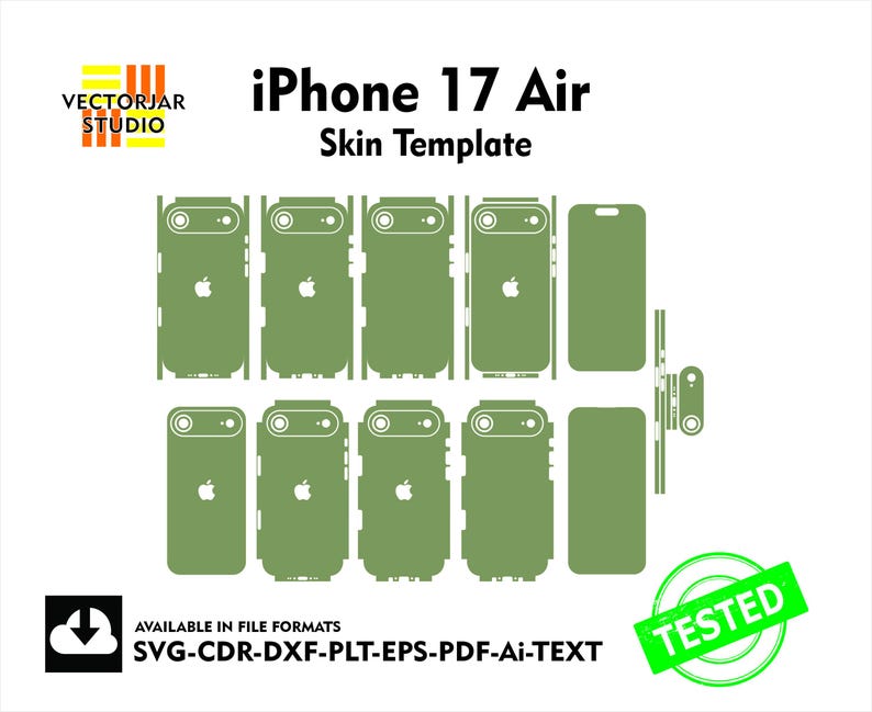 May include: An olive green iPhone 17 Air skin template with various cutouts for the phone's components. The Apple logo is visible on the phone's back. The image includes the text "iPhone 17 Air Skin Template" and "TESTED".