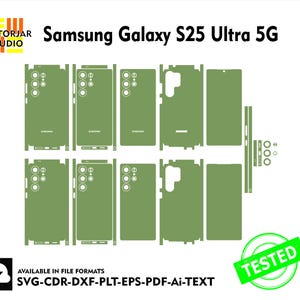 以下が含まれることがあります： Samsung Galaxy S25 Ultra 5G 用の緑色の電話ケーステンプレート。テンプレートには、電話のカメラ、ボタン、ポートに必要なすべての切り抜きが含まれています。テンプレートは、SVG、CDR、DXF、PLT、EPS、PDF、Ai 形式で入手できます。
