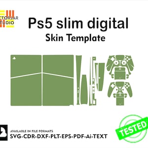 Puede incluir: Plantilla de skin digital verde para una consola PS5 Slim, con contornos de la consola y los mandos. La imagen incluye el texto "Ps5 slim digital Skin Template" y "TESTED". Disponible en formatos SVG, CDR, DXF, PLT, EPS, PDF y AI.