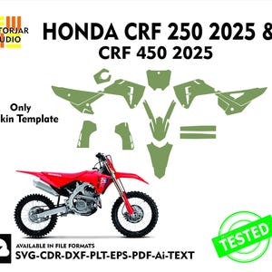 Könnte beinhalten: Ein rotes Honda CRF 250 2025 Motorrad mit einem grünen Skin-Template-Design. Das Bild enthält den Text "HONDA CRF 250 2025 & CRF 450 2025" und "Only Skin Template". Die verfügbaren Dateiformate sind SVG, CDR, DXF, PLT, EPS, PDF und Ai.