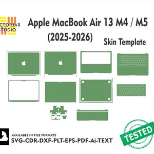 Könnte beinhalten: Grüne Skin-Vorlage für Apple MacBook Air 13 M4/M5 (2025-2026). Das Bild zeigt verschiedene Ausschnitte für den Laptop, einschließlich Oberseite, Unterseite, Tastatur und Trackpad. Der Text "VECTORJAR STUDIO" und "TESTED" sind ebenfalls sichtbar.