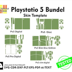 Op de afbeelding: Een groen skin template ontwerp voor verschillende PlayStation 5 modellen, waaronder Digital, Disc, Pro Digital, Slim Disc Edition en Slim Digital versies. De afbeelding bevat de tekst "Playstation 5 Bundel Skin Template" en "Tested". Beschikbaar in SVG, CDR, DXF, PLT, EPS, PDF en AI bestandsformaten.