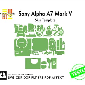 May include: A green skin template for a Sony Alpha A7 Mark V camera. The template is composed of various cut-out shapes, with the word "SONY" visible on some pieces. The image includes the text "VECTORJAR STUDIO" and file format options.