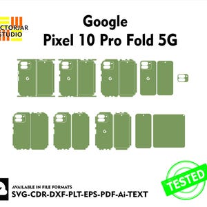 May include: Green vector cutouts for a Google Pixel 10 Pro Fold 5G phone. The image includes various phone component outlines, including the front, back, and side views. The text "Google Pixel 10 Pro Fold 5G" is displayed at the top.