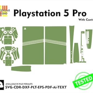 May include: Green and white Playstation 5 Pro console skin with a matching controller skin. The skin is available in SVG, CDR, DXF, PLT, EPS, PDF, and AI file formats.