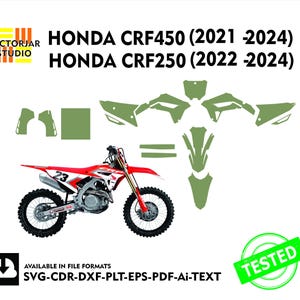 May include: A red and white Honda CRF450 motorcycle with the number 23, and green decals. The image includes the text "HONDA CRF450 (2021-2024)" and "HONDA CRF250 (2022-2024)". The image also includes the text "TESTED".
