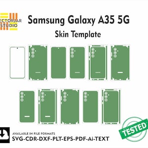 May include: A digital vector skin template for the Samsung Galaxy A35 5G, featuring multiple green outline layouts for the front, back, and sides of the device. The graphic includes the text Vectorjar Studio, Samsung Galaxy A35 5G Skin Template, and Tested.