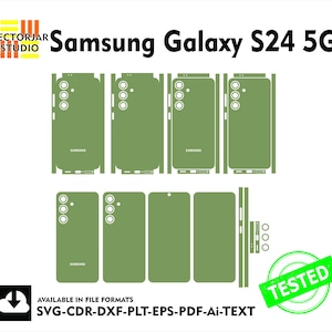 May include: A green phone skin template for the Samsung Galaxy S24 5G. The template includes all the necessary cutouts for the phone's camera, buttons, and ports. The template is available in SVG, CDR, DXF, PLT, EPS, PDF, and AI formats. The text "TESTED" is in a green circle.