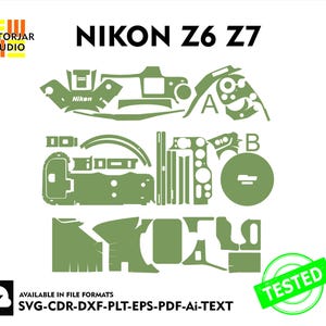 May include: Green and white camera skin decal set for Nikon Z6 and Z7 cameras. The decal set includes various shapes and sizes to cover the camera body and buttons. The decal set is labeled "TESTED" in green letters on a white background.