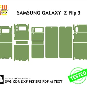 May include: A green phone skin template for the Samsung Galaxy Z Flip 3. The template includes all the pieces needed to cover the front and back of the phone, including the camera cutout.