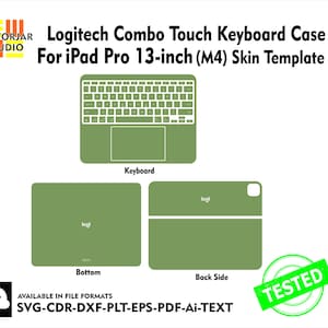 Op de afbeelding: Groene Logitech Combo Touch Keyboard Case skin template voor iPad Pro 13-inch (M4). De afbeelding toont het toetsenbord, de onderkant en de achterkant van de case. De tekst "Logitech Combo Touch Keyboard Case" is zichtbaar.