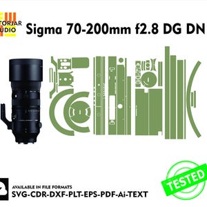 Könnte beinhalten: Ein schwarzes Sigma 70-200mm f2.8 DG DN Objektiv mit einer grünen Umrisszeichnung seiner Teile und dem Text "VECTORJAR STUDIO". Das Bild enthält auch den Text "AVAILABLE IN FILE FORMATS SVG-CDR-DXF-PLT-EPS-PDF-Ai-TEXT" und einen "TESTED" Stempel.
