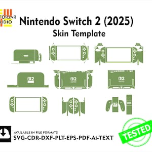 May include: A green skin template for the Nintendo Switch 2 (2025) featuring various cutouts for the console and controllers. The image includes the text "Nintendo Switch 2 (2025) Skin Template" and "TESTED". Available in SVG, CDR, DXF, PLT, EPS, PDF, and Ai formats.