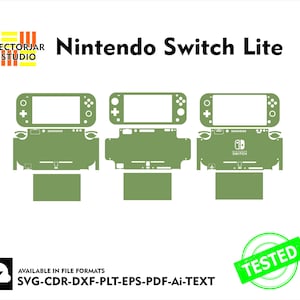 以下が含まれることがあります： 白い背景に、緑色のNintendo Switch Liteのデザイン。テキスト「Nintendo Switch Lite」は黒で表示されます。画像には、Vectorjar Studioのロゴ、ファイル形式の情報、および「TESTED」スタンプも含まれています。