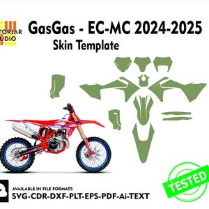 Puede incluir: Una plantilla de piel de moto de cross GasGas EC-MC 2024-2025 roja y blanca con un contorno verde de las piezas de la piel. La imagen incluye el texto "GasGas - EC-MC 2024-2025 Skin Template" y "TESTED".
