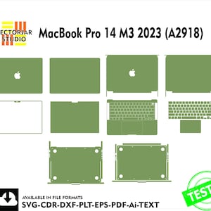 Puede incluir: Una plantilla de piel para portátil MacBook Pro 14 M3 2023 (A2918) en verde y blanco. La plantilla incluye todas las partes del portátil, incluido el teclado, el trackpad y el reposamanos.