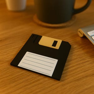 Op de afbeelding: Een zwarte floppy disk met een gouden schuifdeksel en een wit label met horizontale lijnen. De disk ligt op een houten oppervlak, met een mok en een toetsenbord op de achtergrond. Een retro tech item.