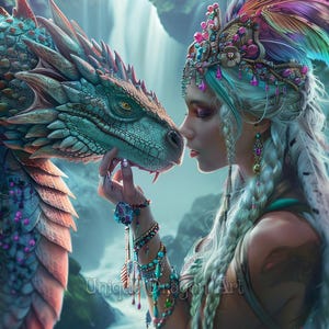 Mystical Dragon and Woman – Digital Download, Enchanted Fantasy Print, Gift for Fantasy Fans