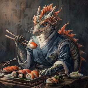 Sushi Dragon Feast – Digital Download, Printable AI Art, Wall Art, Whimsical Fantasy Decor, Perfect for Creative Projects & Gifts