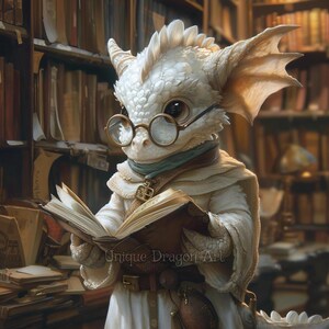 Wise Fantasy Dragon Scholar – Digital Download, Printable AI Art, Whimsical Library Decor, Perfect Gift for Fantasy & Book Lovers