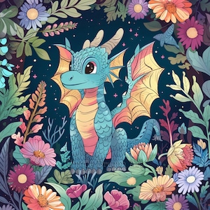 Cute Baby Dragon in Flower Garden – Digital Download, Whimsical Fantasy Wall Art, Kids Room Decor, Perfect Gift for Dragon & Nature Lovers