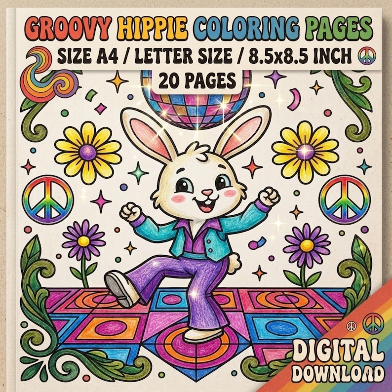 May include: A digital download coloring book cover with the text "GROOVY HIPPIE COLORING PAGES". The cover features a cartoon rabbit dancing on a colorful dance floor, surrounded by flowers, peace signs, and stars. The size is 8.5x8.5 inches.