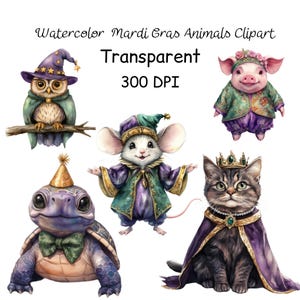 Illustrazione carina di mascherata Clip art, animali di Mardi Gras ad acquerello Png, download digitale di alta qualità, diario, carnevale di New Orleans png