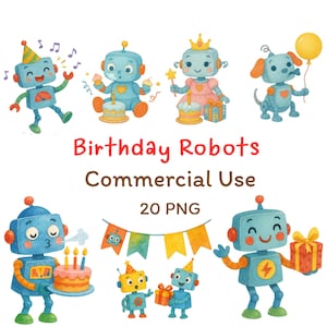Watercolor Robot Clipart Bundle: Birthday Party PNG Graphics (Digital Download, Commercial Use)