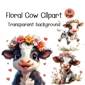 Coroa de flores de vaca bebê para impressão, uso comercial, ilustração de vaca em aquarela, vaca das Terras Altas png, download instantâneo, cartão engraçado de mãe de fazenda, vaca floral
