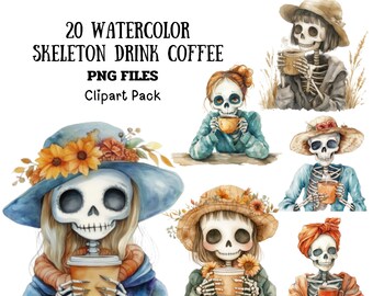 May include: A set of 20 watercolor illustrations of skeletons drinking coffee. The skeletons are dressed in various fall-themed outfits and are holding coffee cups. The illustrations are perfect for adding a touch of whimsy to your fall decor.