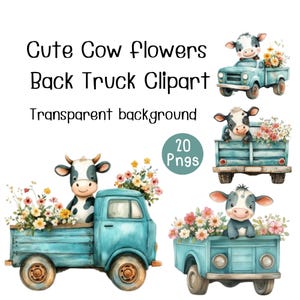 Clipart de caminhão de flores de vaca fofas, uso comercial, ilustração de vaca em aquarela, vaca das Terras Altas png, download instantâneo, cartão engraçado de mãe de fazenda