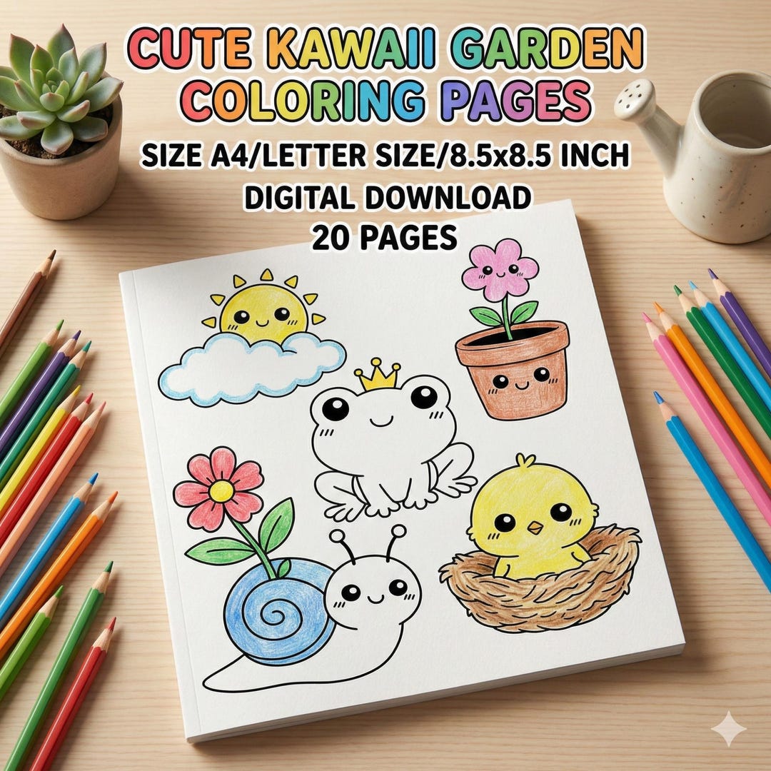 Kawaii Garden Coloring Pages for Kids – Sun, Cloud, Flower Pot (PDF ...