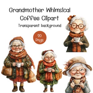 Clipart de abuela con café caprichoso en acuarela, elementos extravagantes de café para dama, dama divertida, descarga digital PNG, uso comercial