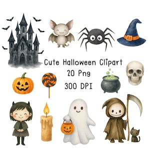Cute Halloween Clipart Bundle – Watercolor PNG | Witch, Ghost, Skeleton, Frankenstein | Halloween Kids Digital Download