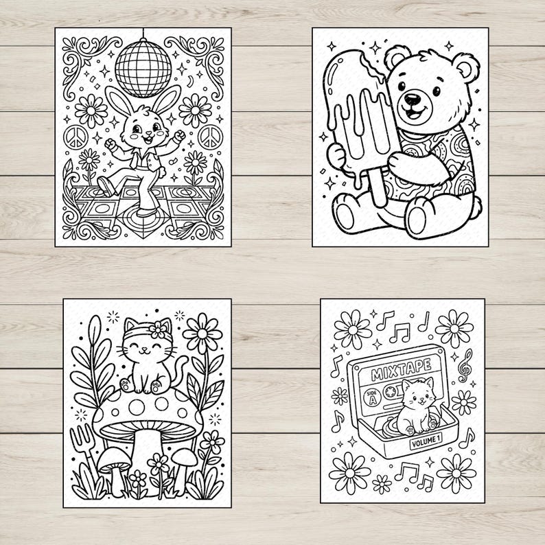 May include: Four black and white coloring pages featuring whimsical illustrations. One shows a rabbit dancing under a disco ball, another a bear with a popsicle, a cat on a mushroom, and a cat in a mixtape player.