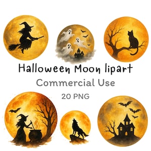 Watercolor Halloween Moon Clipart Bundle – Full Moon with Witch, Werewolf, Skull,Trick-or-Treat, Haunted Night – PNG, Transparent Background