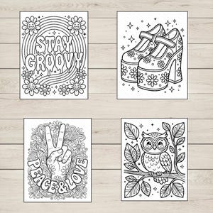 May include: Four black and white line art illustrations. One says "Stay Groovy" with flowers. Another shows platform shoes with flowers. A third shows a peace sign with "Peace & Love". The last shows an owl on a branch.