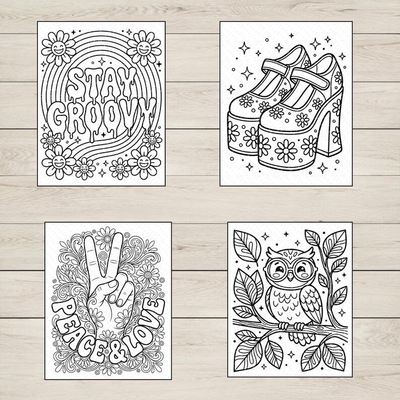 May include: Four black and white line art illustrations. One says "Stay Groovy" with flowers. Another shows platform shoes with flowers. A third shows a peace sign with "Peace & Love". The last shows an owl on a branch.