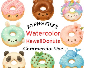 Clipart di ciambelle kawaii ad acquerello / Set di immagini PNG di dessert pastello