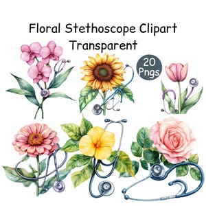 Peut inclure: Un ensemble de 20 illustrations à l'aquarelle représentant différentes fleurs et un stéthoscope. Les fleurs comprennent un tournesol, une orchidée rose, une rose rose, une tulipe rose et un hibiscus jaune. Les illustrations sont parfaites pour les projets sur le thème médical, le scrapbooking ou la fabrication de cartes.