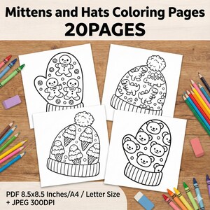 Op de afbeelding: Zwart-wit kleurplaten met wanten en mutsen met verschillende ontwerpen, waaronder peperkoekenmannetjes, dinosaurussen, ijsjes en teddyberen. De tekst bovenaan luidt "Mittens and Hats Coloring Pages 20 PAGES".