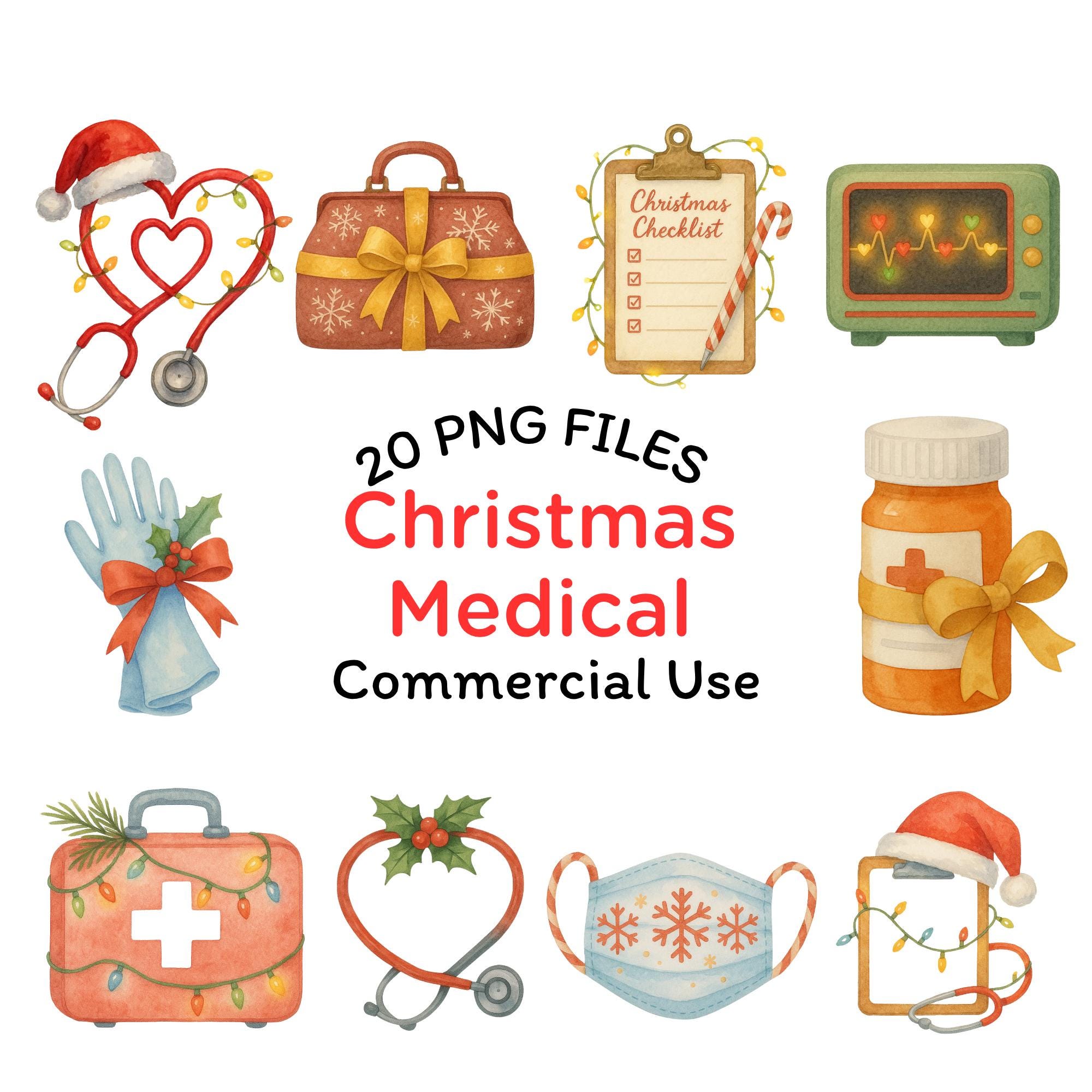 水彩画のクリスマス医療クリップアート：看護師と医師のPNG（デジタルダウンロード） - Etsy 日本, image size:2000x2000