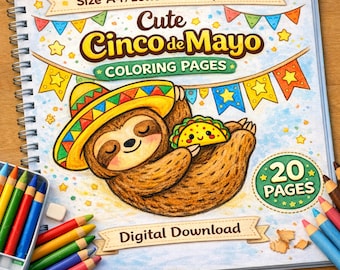 Cinco de Mayo Coloring Pages, Kawaii Fiesta Taco Llama Cactus Sheets (Digital Download)