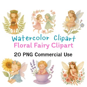 Watercolor Floral Fairy Clipart: Pastel Garden Illustration (PNG Digital Download